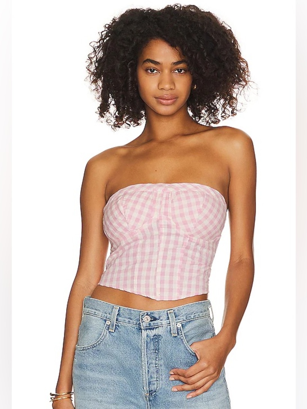 Free People Pink White Gingham Smocked Strapless Tube Top Size XS